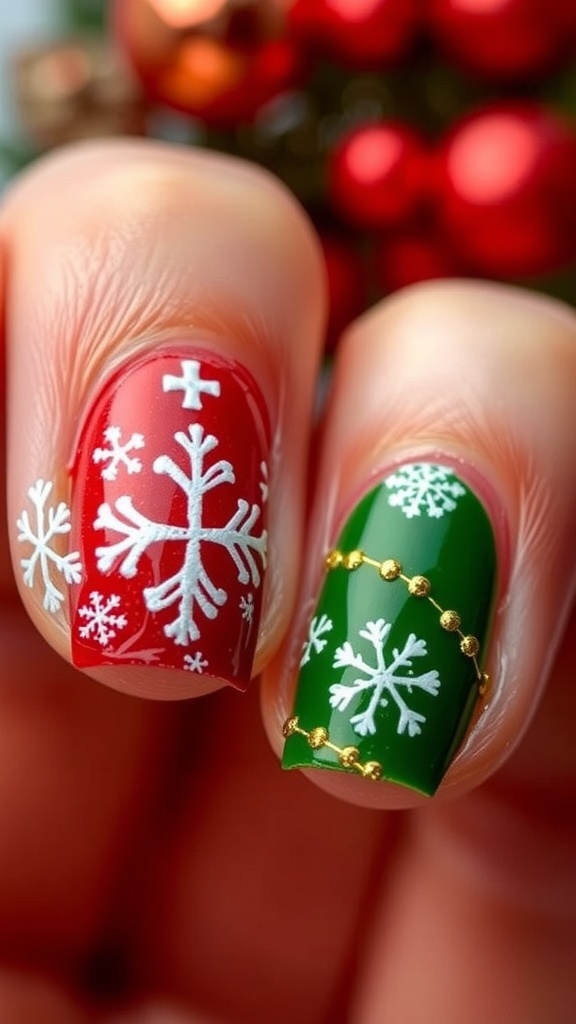 Close-up of short Christmas-themed nail art with red, green, and white designs.